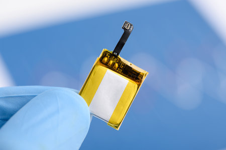 Scientist hold in fingers and show very small rechargeable lithium Li-ion battery with connector for smart watch or wearable deviceの写真素材