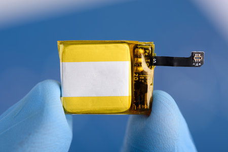 Very small rechargeable lithium Li-ion battery with connector for smart watch or wearable device in scientist fingers in laboratoryの写真素材