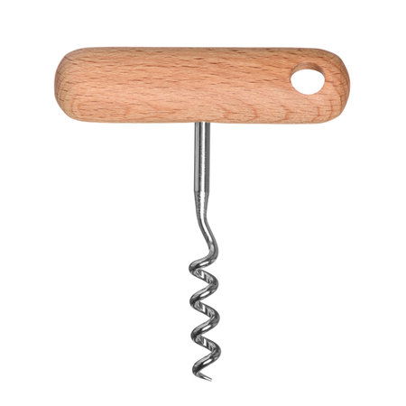 Corkscrew with wooden handle for wine bottle cork isolated on white backgroundの写真素材
