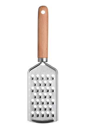 Kitchen hand grater isolated on white background. New clean grater utensil with wooden handle.の写真素材