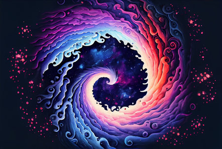 Twisted cosmic vortex abstract background, spiral celestial fanstasy starry galaxy wormhole swirl, imitation of watercolor painting created with Generative AI technologyの素材