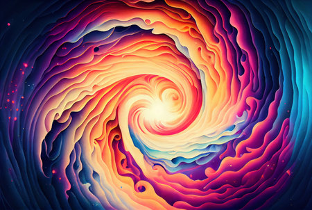 Twisted cosmic vortex abstract background, spiral celestial fanstasy starry galaxy wormhole swirl, imitation of watercolor painting created with Generative AI technologyの素材