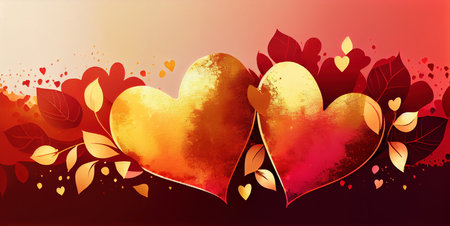 Red and golden hearts banner, romantic love abstract background for wedding or Valentine's day, imitation of watercolor painting created with Generative AI technologyの素材
