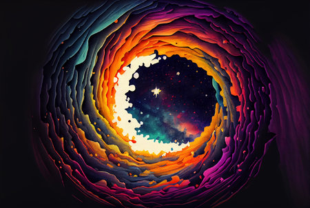Twisted cosmic vortex abstract background, spiral celestial fanstasy starry galaxy wormhole swirl, imitation of watercolor painting created with Generative AI technologyの素材