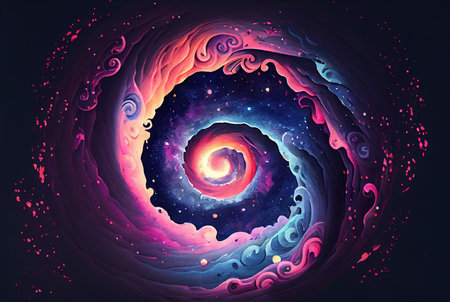 Twisted cosmic vortex abstract background, spiral celestial fanstasy starry galaxy wormhole swirl, imitation of watercolor painting created with Generative AI technologyの素材