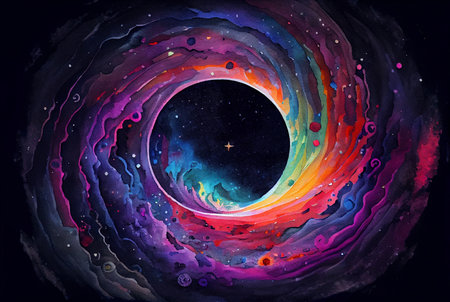 Twisted cosmic vortex abstract background, spiral celestial fanstasy starry galaxy wormhole swirl, imitation of watercolor painting created with Generative AI technologyの素材