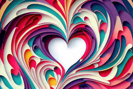 Swirl of colorful papercut style cut paper with heart shape in center, Valentine's day love background concept, imitation of watercolor painting created with Generative AI technologyの素材