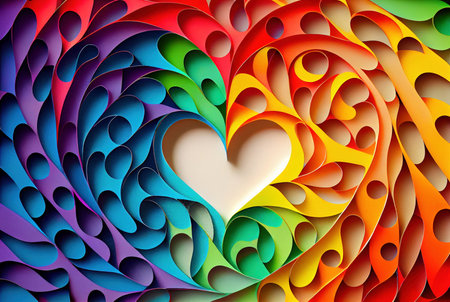 Swirl of colorful papercut style cut paper with heart shape in center, Valentine's day love background concept, imitation of watercolor painting created with Generative AI technologyの素材