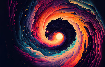 Twisted cosmic vortex abstract background, spiral celestial fanstasy starry galaxy wormhole swirl, imitation of watercolor painting created with Generative AI technologyの素材