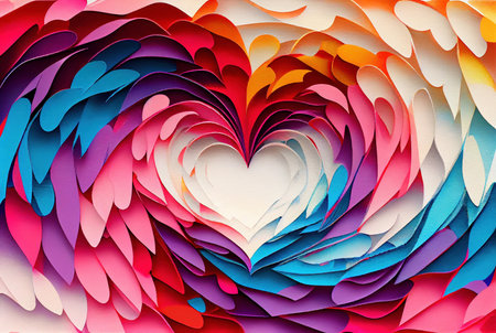 Swirl of colorful papercut style cut paper with heart shape in center, Valentine's day love background concept, imitation of watercolor painting created with Generative AI technologyの素材