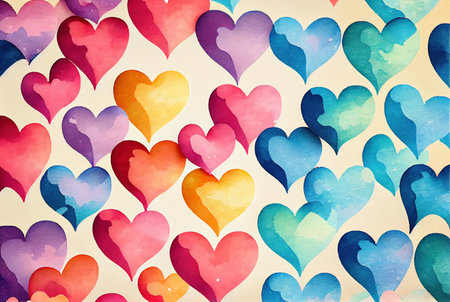 Colorful heatrs pattern, Valentine's Day abstract background, imitation of watercolor painting created with Generative AI technologyの素材