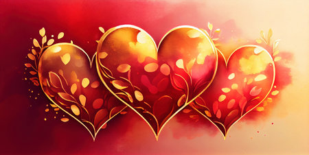 Red and golden hearts banner, romantic love abstract background for wedding or Valentine's day, imitation of watercolor painting created with Generative AI technologyの素材