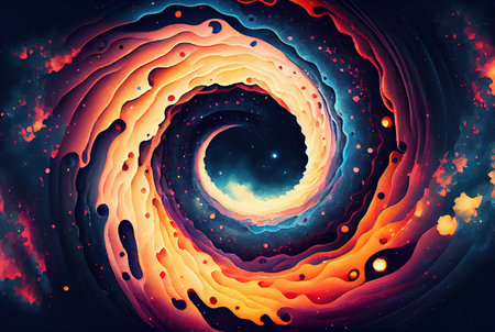 Twisted cosmic vortex abstract background, spiral celestial fanstasy starry galaxy wormhole swirl, imitation of watercolor painting created with Generative AI technologyの素材