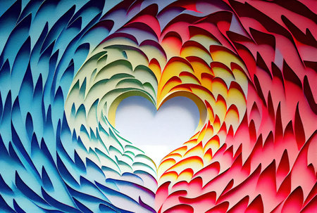 Swirl of colorful papercut style cut paper with heart shape in center, Valentine's day love background concept, imitation of watercolor painting created with Generative AI technologyの素材
