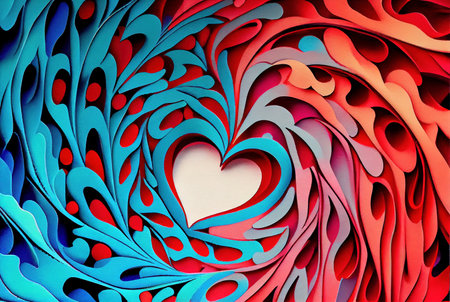 Swirl of colorful papercut style cut paper with heart shape in center, Valentine's day love background concept, imitation of watercolor painting created with Generative AI technologyの素材