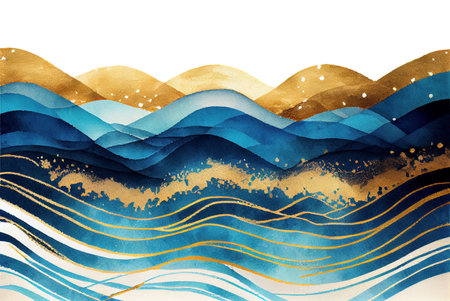 Blue and gold waves gradient lines abstract pattern background, illustration imitating watercolor drawing created with Generative AI technologyの素材