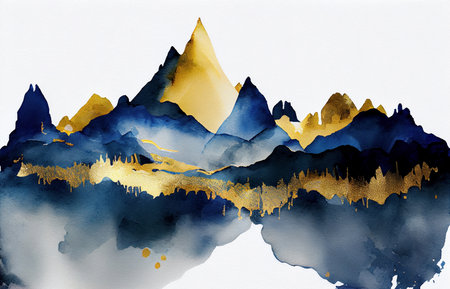 Gold and blue abstract background, waves and mountains silhouettes, imitation of watercolor paint and texture created with Generative AI technologyの素材