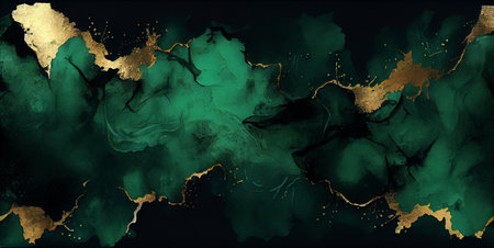 Green watercolor texture with golden paint, abstract grunge background, created with Generative AI technologyの素材