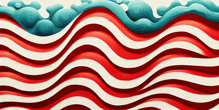 Waves abstract background in USA American Flag colors, watercolor illustration banner, for 4th of July, Memorial or Independence Day celebration, created with Generative AI technologyの素材