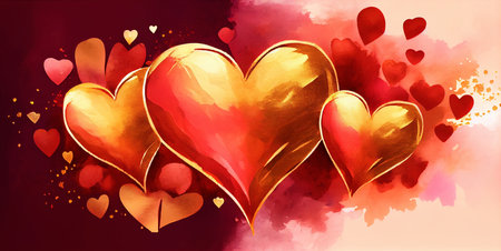 Red and golden hearts banner, romantic love abstract background for wedding or Valentine's day, imitation of watercolor painting created with Generative AI technologyの素材