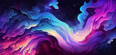 Cosmos abstract background, sky with wavy clouds and stars, wide banner, watercolor illustration. Created with Generative AI technologyの素材