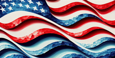 Waves abstract background in USA American Flag colors with stars, watercolor illustration banner, for 4th of July, Memorial or Independence Day celebration, created with Generative AI technologyの素材