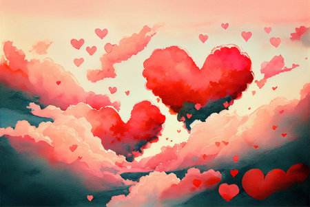 Clouds in a shape of heart floating in the sky, abstract happy valentines day love themed background, watercolor painting created with Generative AI technologyの素材