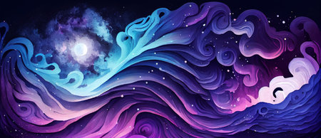 Cosmos abstract background, sky with wavy clouds and stars, wide banner, watercolor illustration. Created with Generative AI technologyの素材