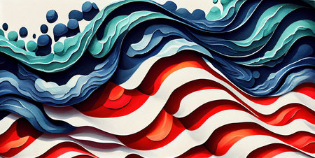 Waves abstract background in USA American Flag colors, watercolor illustration banner, for 4th of July, Memorial or Independence Day celebration, created with Generative AI technologyの素材
