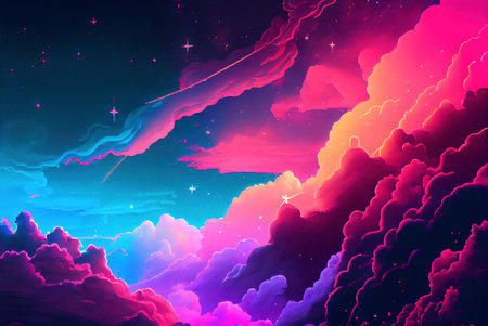 Fantasy dreamy neon night sky with glowing clouds and stars, illustration imitating watercolor drawing created with Generative AI technologyの素材