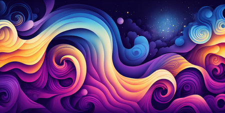 Cosmos abstract background, sky with wavy clouds and stars, wide banner, watercolor illustration. Created with Generative AI technologyの素材
