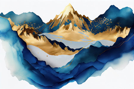 Gold and blue abstract background, waves and mountains silhouettes, imitation of watercolor paint and texture created with Generative AI technologyの素材