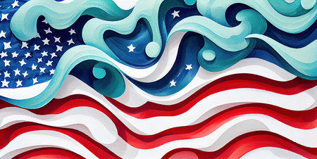 Waves abstract background in USA American Flag colors with stars, watercolor illustration banner, for 4th of July, Memorial or Independence Day celebration, created with Generative AI technologyの素材
