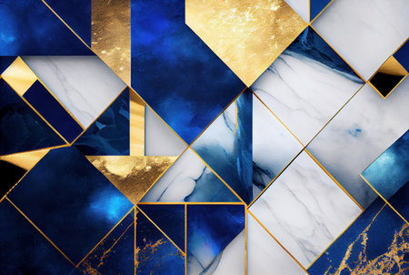 Gold and blue marbling abstract geometric shapes background, watercolor paint texture imitation created with Generative AI technologyの素材