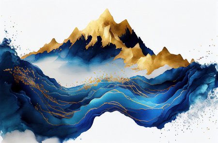 Gold and blue marbling abstract watercolor background, sea waves and golden mountains silhouettes, created with Generative AI technologyの素材