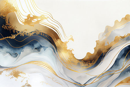 Abstract white and metallic gold luxury marble background, watercolor paint texture imitation created with Generative AI technologyの素材