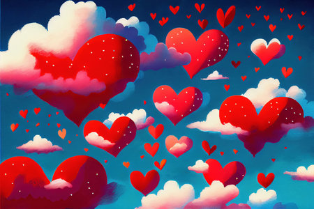 Clouds in a shape of heart floating in the sky, abstract happy valentines day love themed background, watercolor painting created with Generative AI technologyの素材