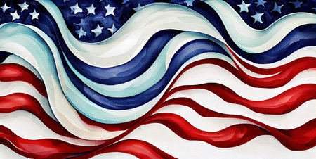 Waves abstract background in USA American Flag colors with stars, watercolor illustration banner, for 4th of July, Memorial or Independence Day celebration, created with Generative AI technologyの素材