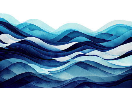 Deep blue sea water waves gradient lines abstract pattern background,  illustration imitating watercolor drawing created with Generative AI technologyの素材