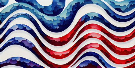 Waves abstract background in USA American Flag colors, watercolor illustration banner, for 4th of July, Memorial or Independence Day celebration, created with Generative AI technologyの素材