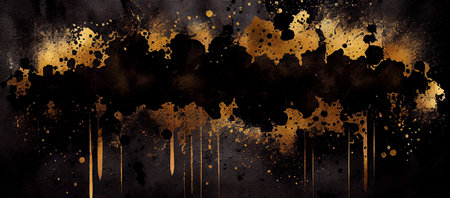 Dark wall texture with golden paint, abstract grunge watercolor background, created with Generative AI technologyの素材