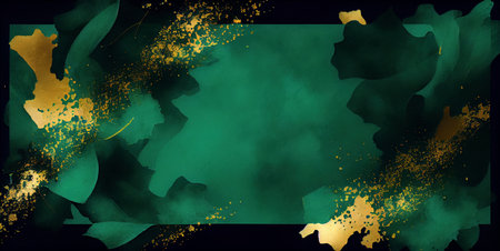 Green watercolor texture with golden paint, abstract grunge background, created with Generative AI technologyの素材