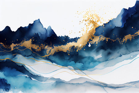 Gold and blue marbling abstract background of waves and mountains silhouettes, imitation of watercolor paint on paper and texture created with Generative AI technologyの素材