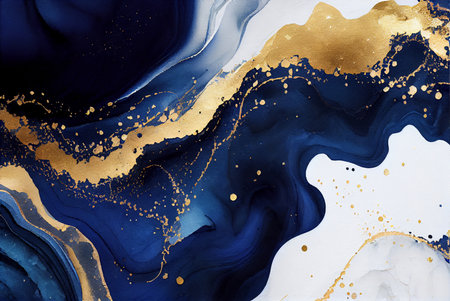 Gold and blue marbling abstract background, waves and and stains of golden glitter, imitation of watercolor paint and texture created with Generative AI technologyの素材