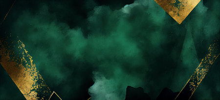 Green watercolor texture with golden paint, abstract grunge background, created with Generative AI technologyの素材