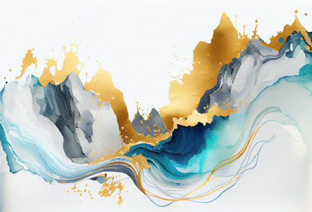 Gold and turquoise marbling abstract background, waves and splashes, imitation of watercolor paint and paper texture created with Generative AI technologyの素材
