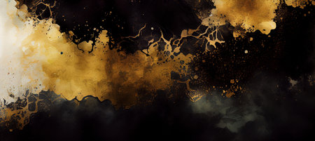 Dark wall texture with golden paint, abstract grunge watercolor background, created with Generative AI technologyの素材