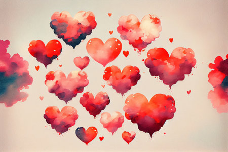 Happy valentines day background with clouds in a shape of heart, watercolor painting created with Generative AI technologyの素材