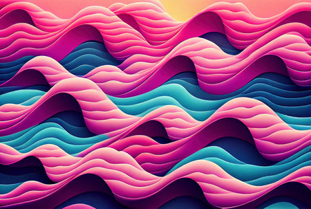Sea waves pattern abstract background, volumetric purple pink and blue waves texture, imitation of watercolor painting created with Generative AI technologyの素材