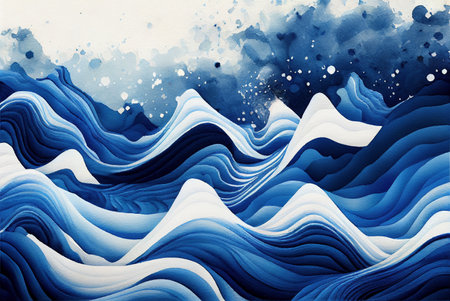 Deep blue sea water waves gradient lines abstract pattern background,  illustration imitating watercolor drawing created with Generative AI technologyの素材